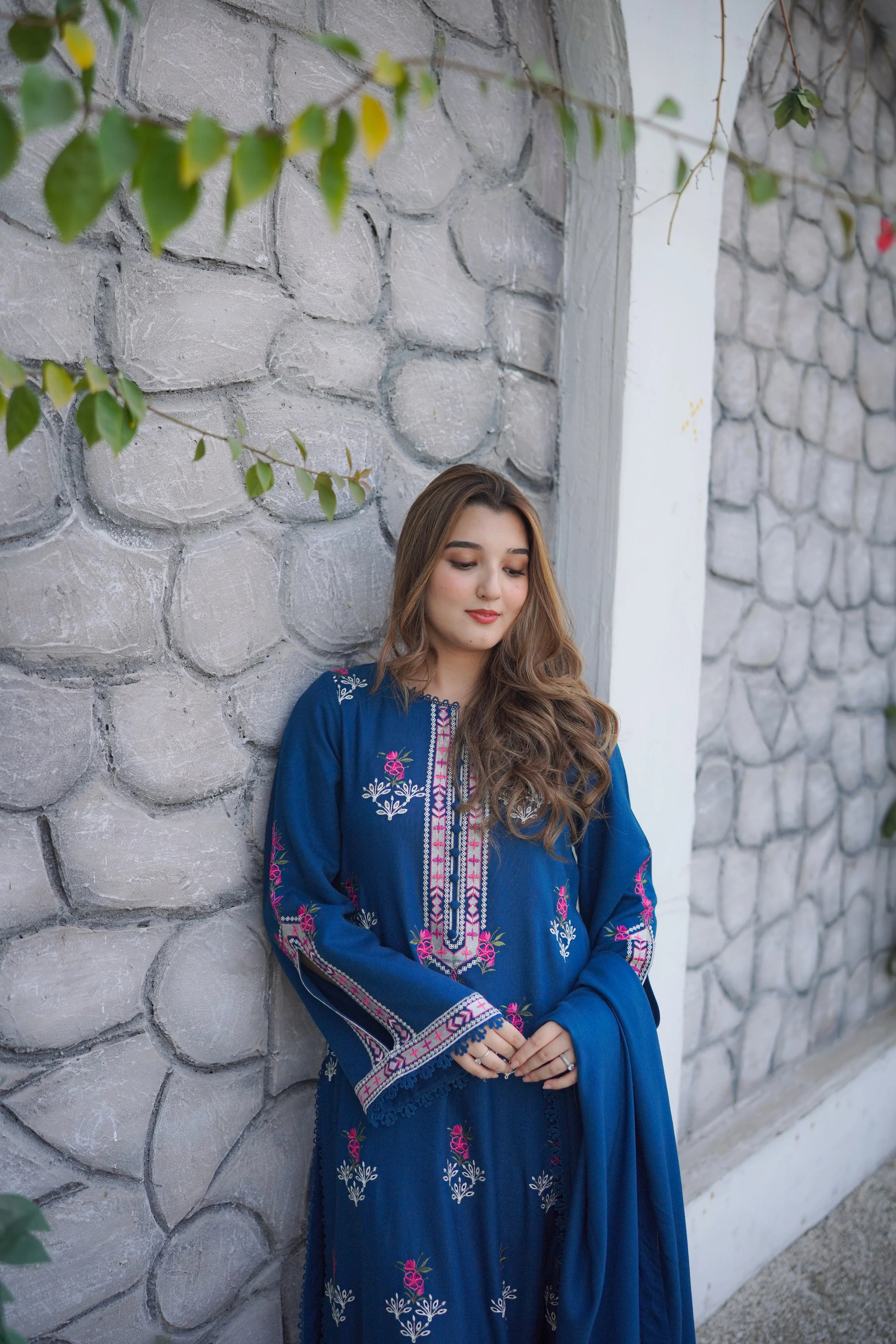 Stitched Peach Wool Emb Shirt Emb 3PC