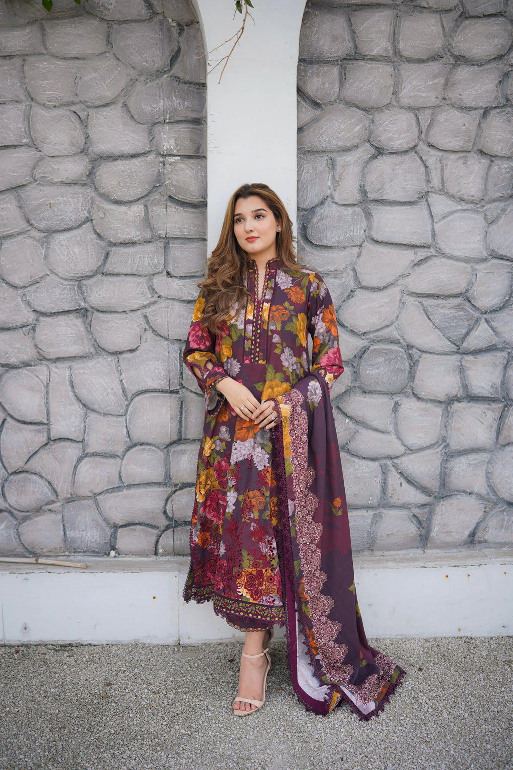 Stitched Linen Print Emb 3pc