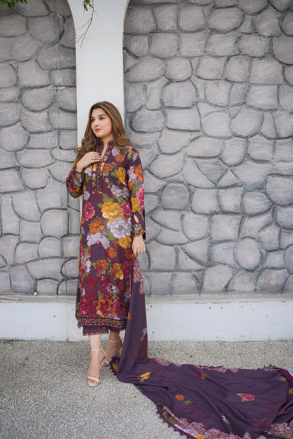 Stitched Linen Print Emb 3pc