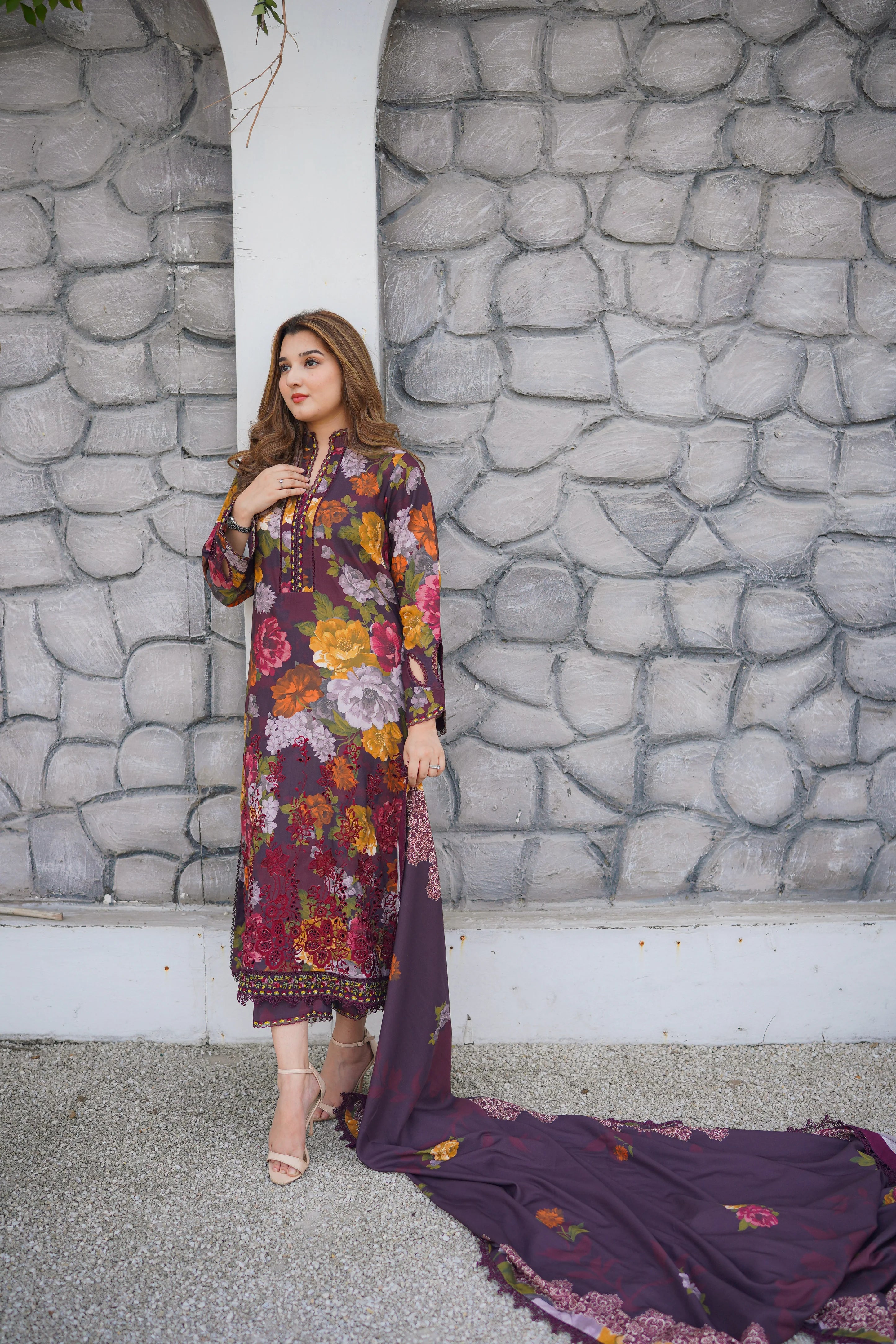 Stitched Linen Print Emb 3pc