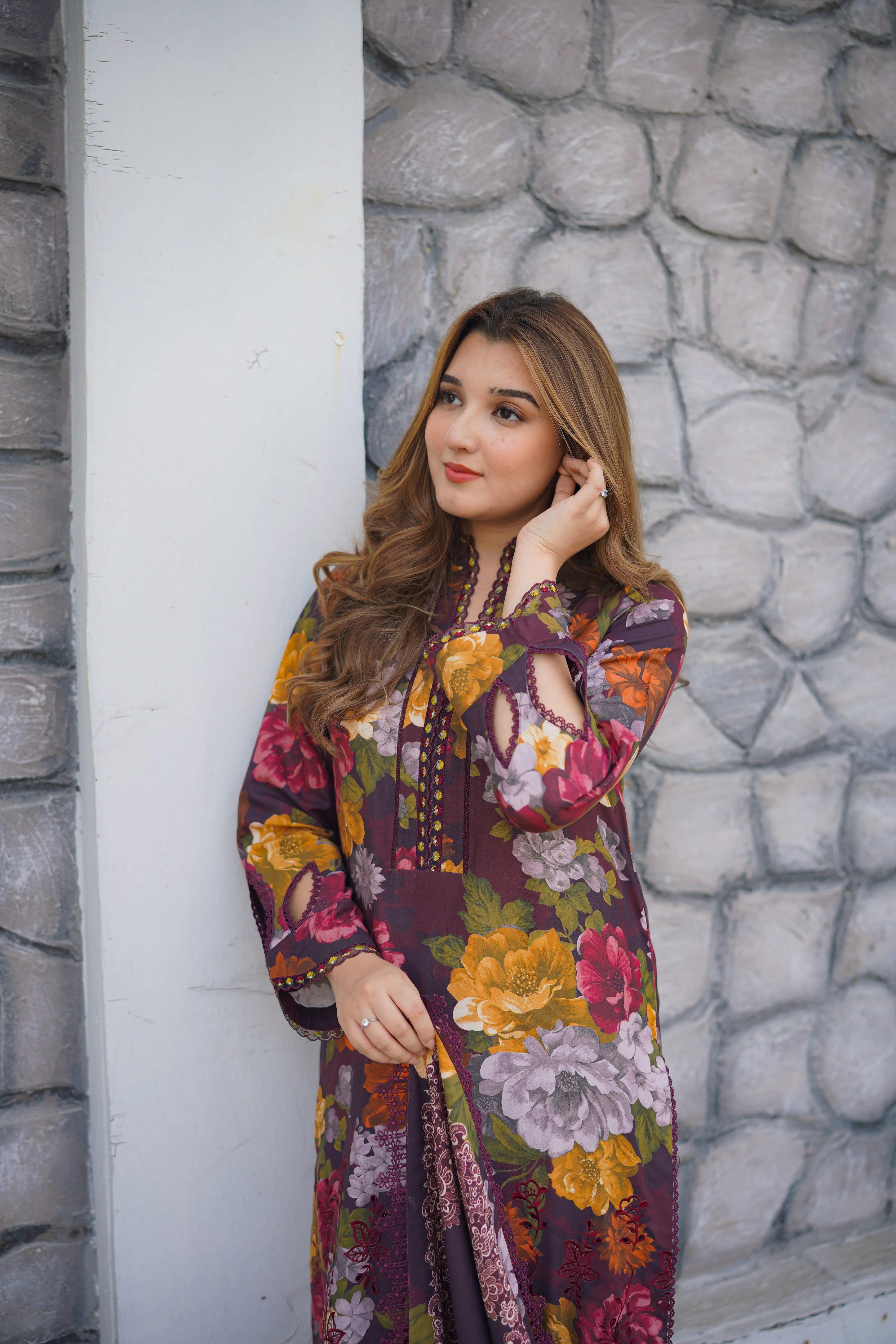 Stitched Linen Print Emb 3pc