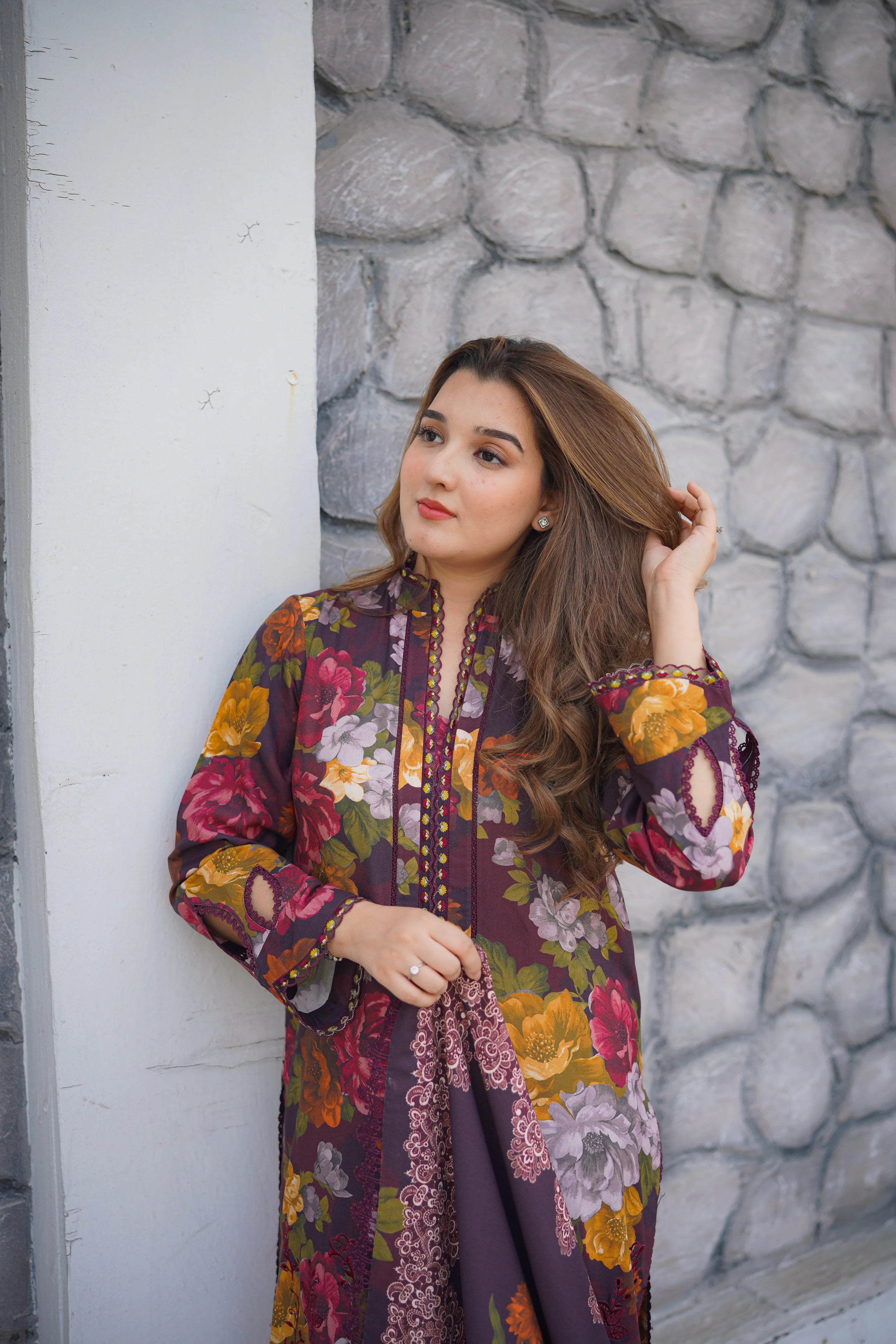 Stitched Linen Print Emb 3pc