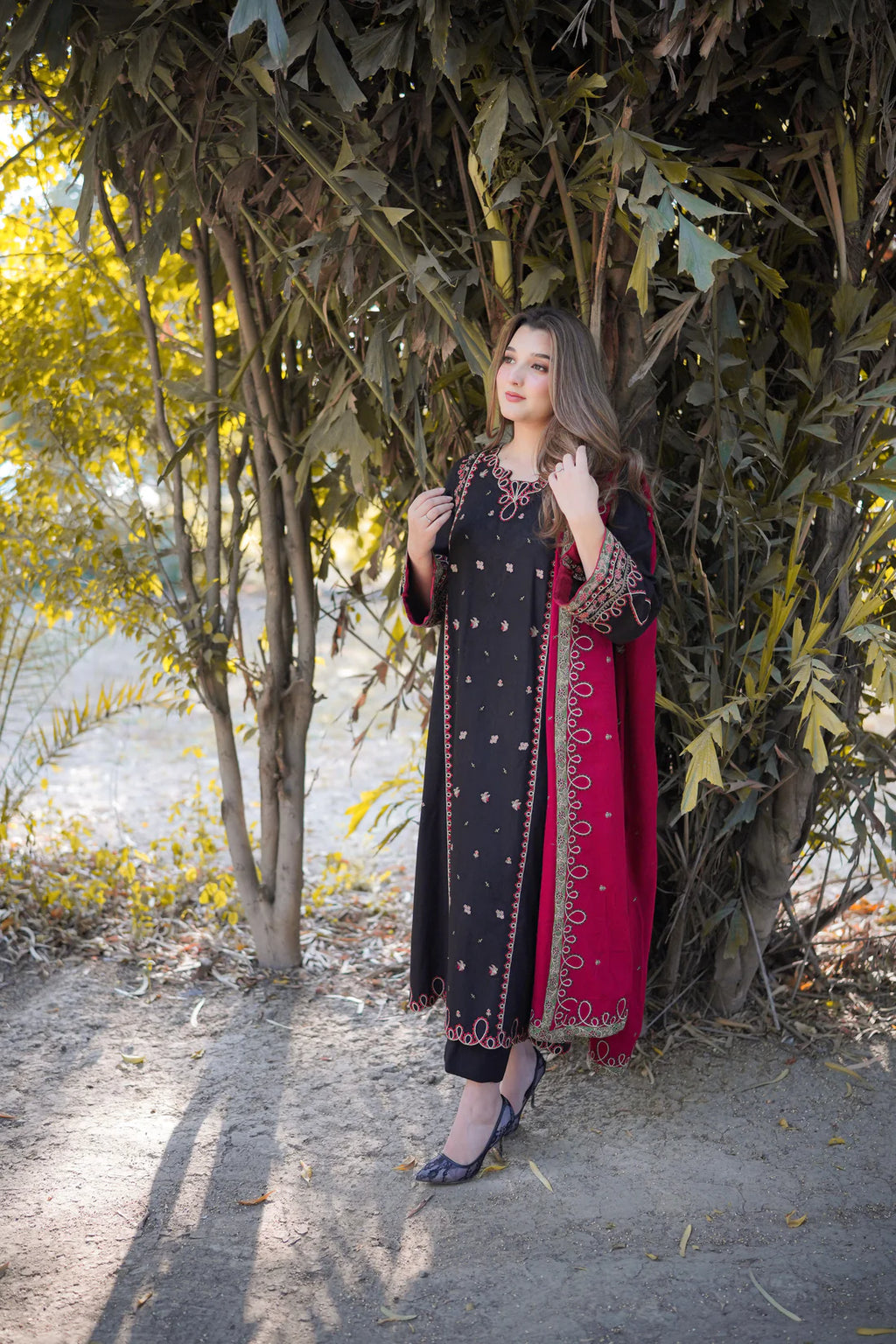 Winter Classic Black & Maroon Embroidered 3-Piece Suit