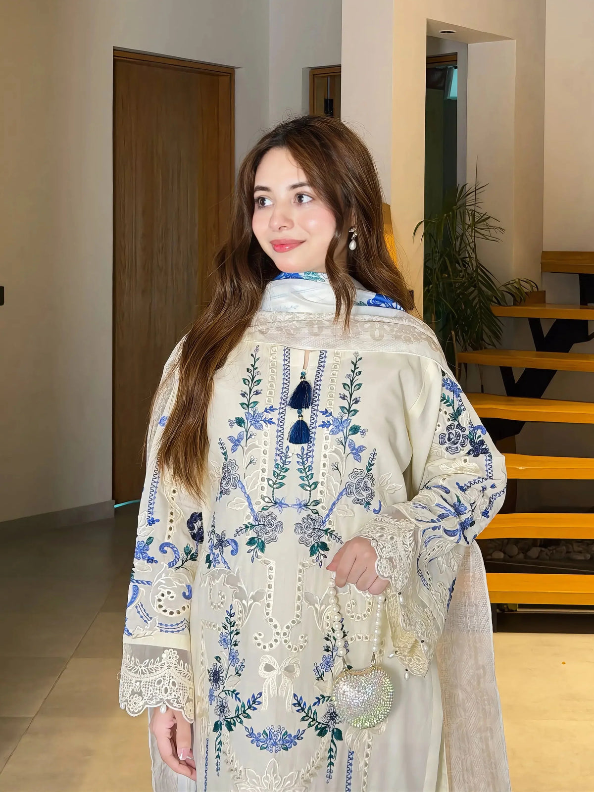 Off-White & Royal Blue Embroidered 3-Piece Lawn Suit