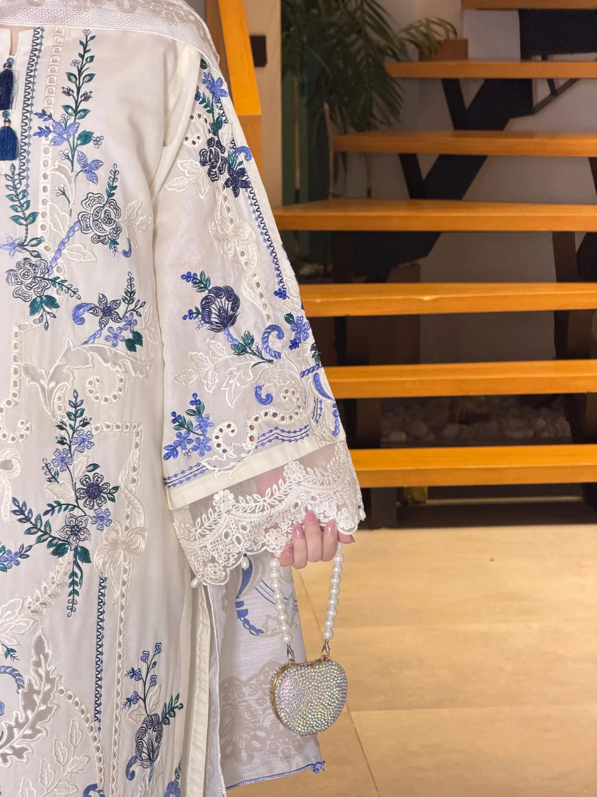 Off-White & Royal Blue Embroidered 3-Piece Lawn Suit