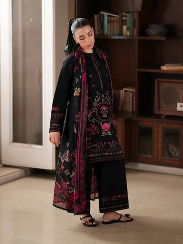 Jet Black Floral Embroidered 3-Piece Lawn Suit