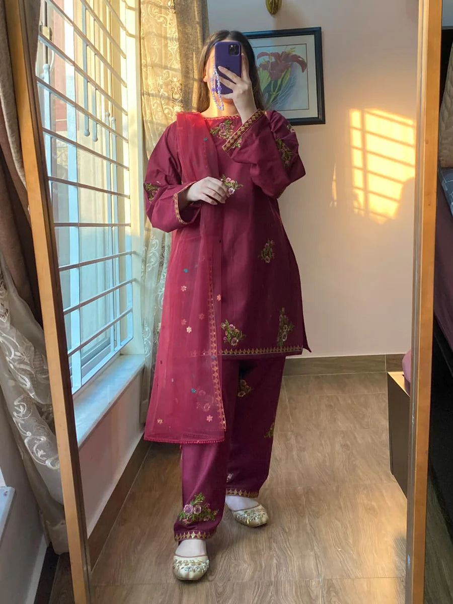 Deep Maroon Floral Embroidered Winter 3-Piece Suit