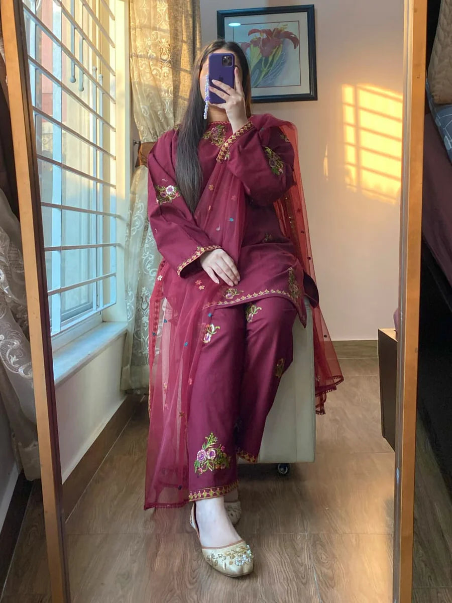 Deep Maroon Floral Embroidered Winter 3-Piece Suit
