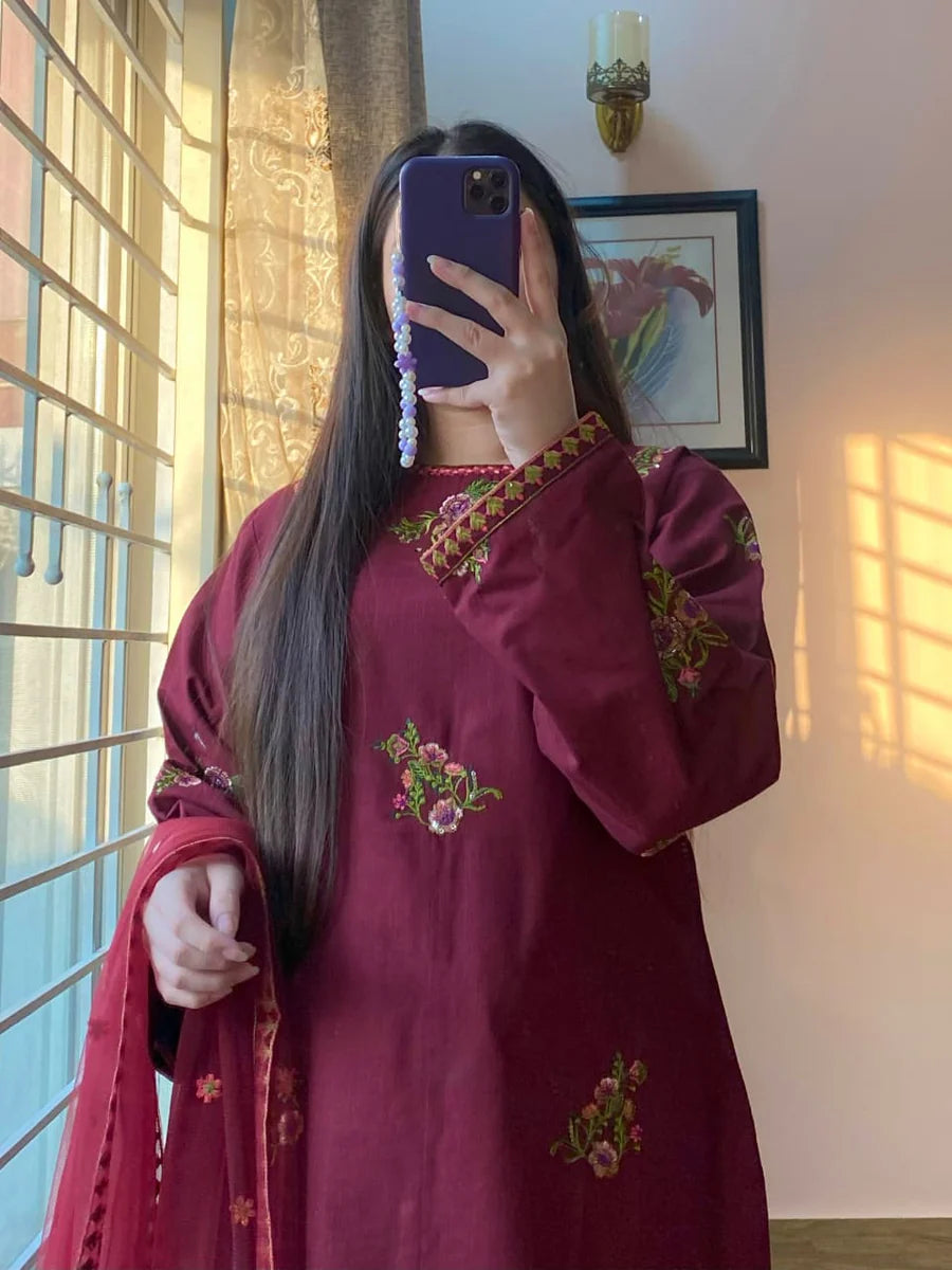 Deep Maroon Floral Embroidered Winter 3-Piece Suit