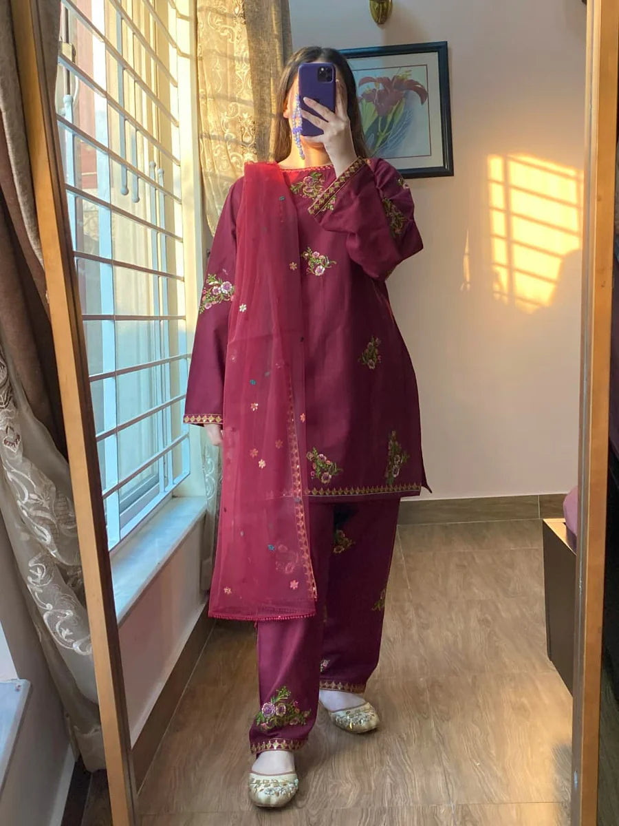 Deep Maroon Floral Embroidered Winter 3-Piece Suit