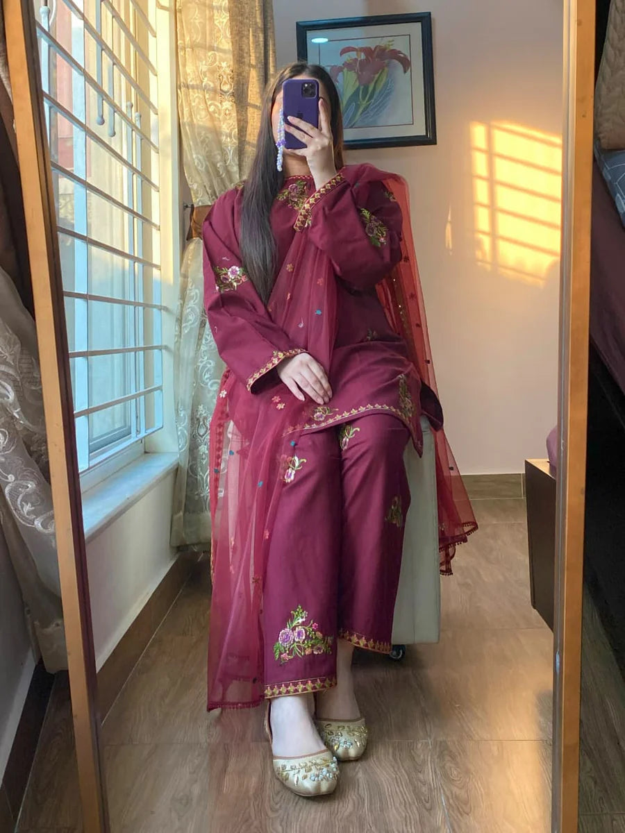 Deep Maroon Floral Embroidered Winter 3-Piece Suit