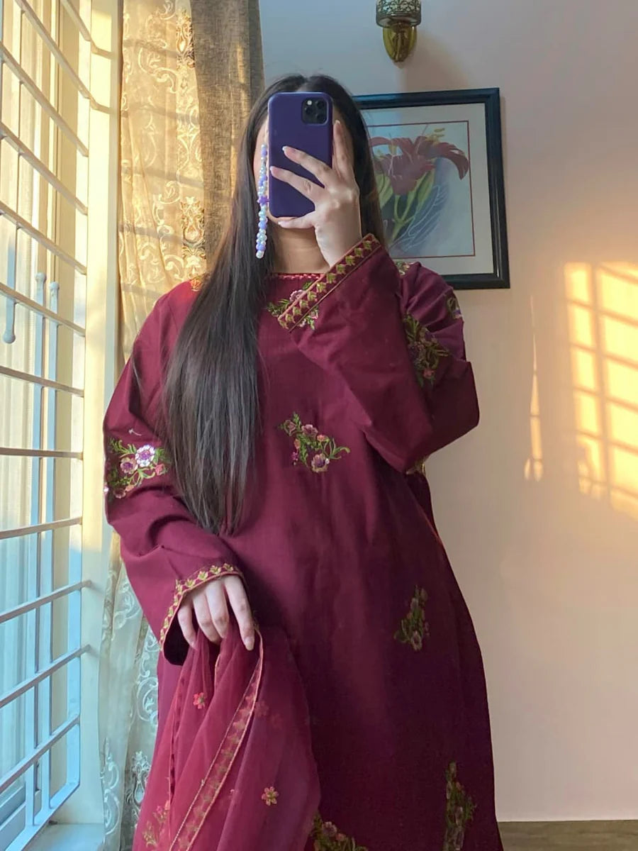 Deep Maroon Floral Embroidered Winter 3-Piece Suit