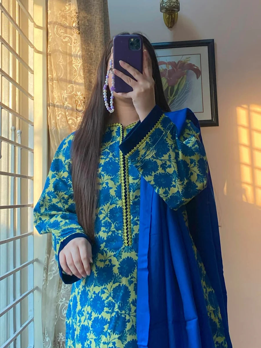 Royal Blue & Lemon Yellow Printed Winter 3-Piece Suit