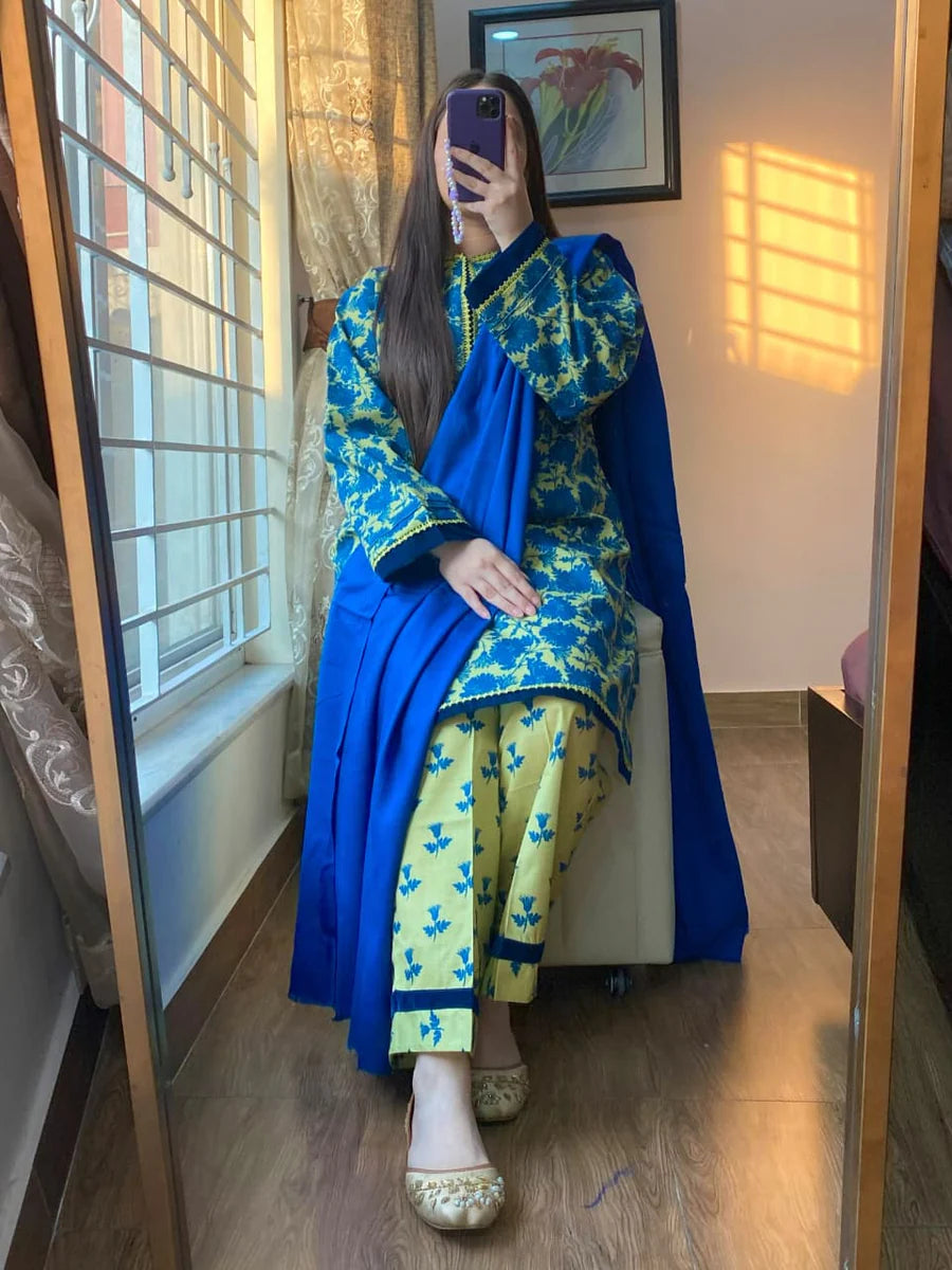 Royal Blue & Lemon Yellow Printed Winter 3-Piece Suit