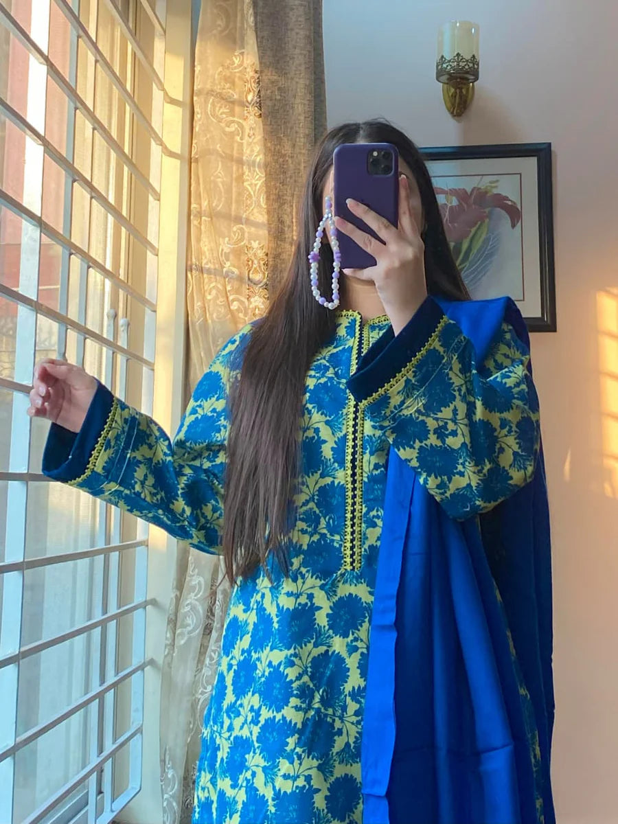Royal Blue & Lemon Yellow Printed Winter 3-Piece Suit