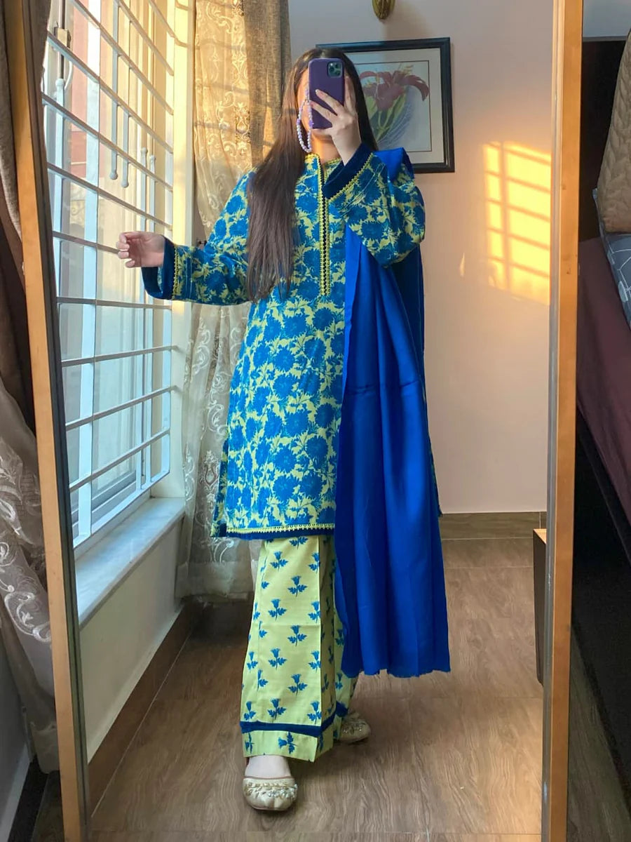 Royal Blue & Lemon Yellow Printed Winter 3-Piece Suit