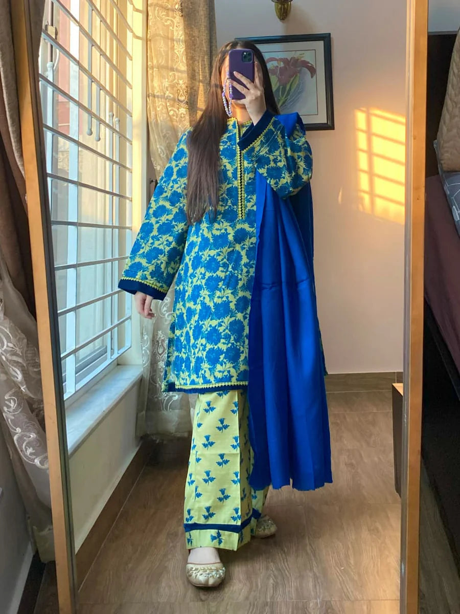 Royal Blue & Lemon Yellow Printed Winter 3-Piece Suit