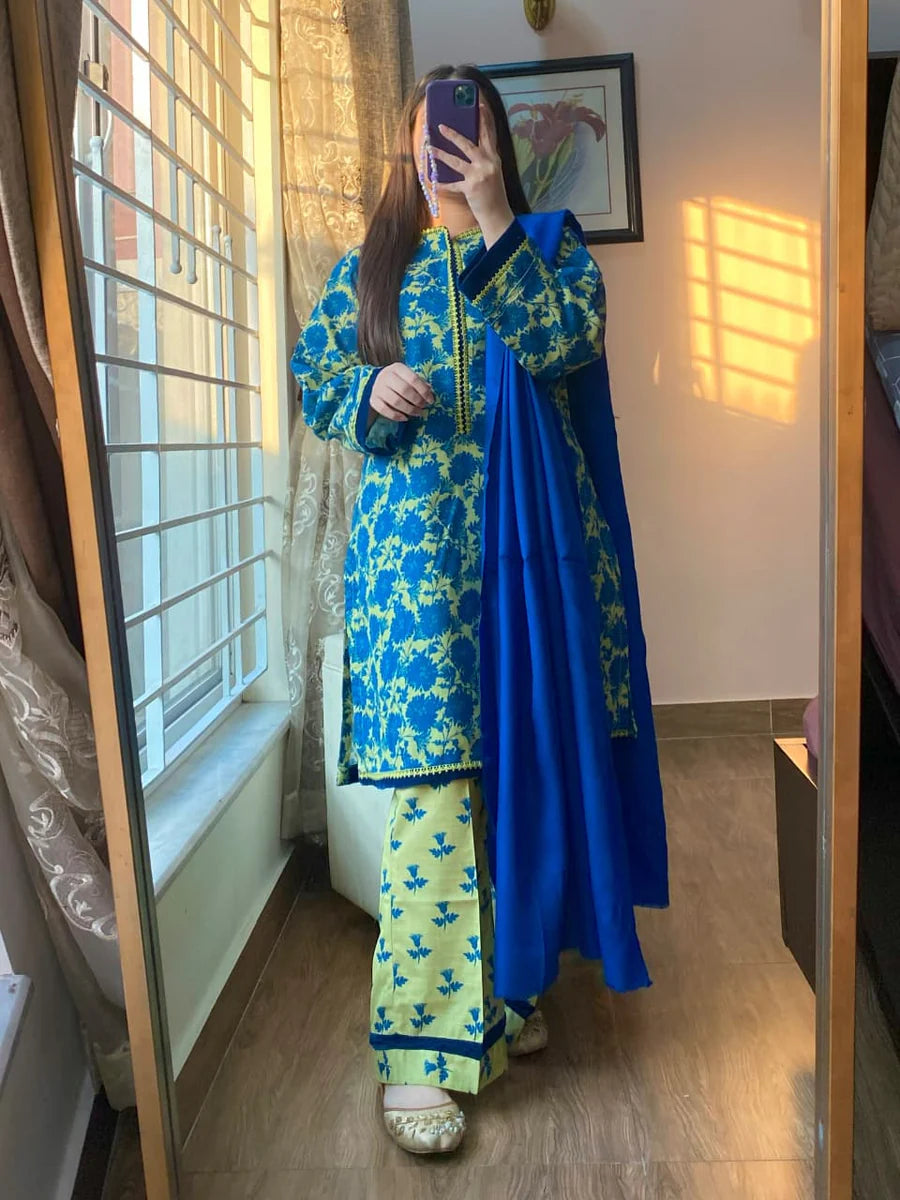 Royal Blue & Lemon Yellow Printed Winter 3-Piece Suit