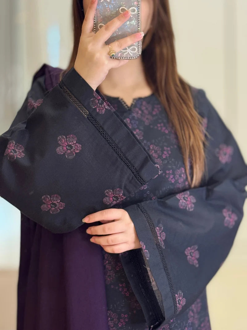 Winter Printed 3-Piece Suit – Elegant Dark Navy Floral Collection