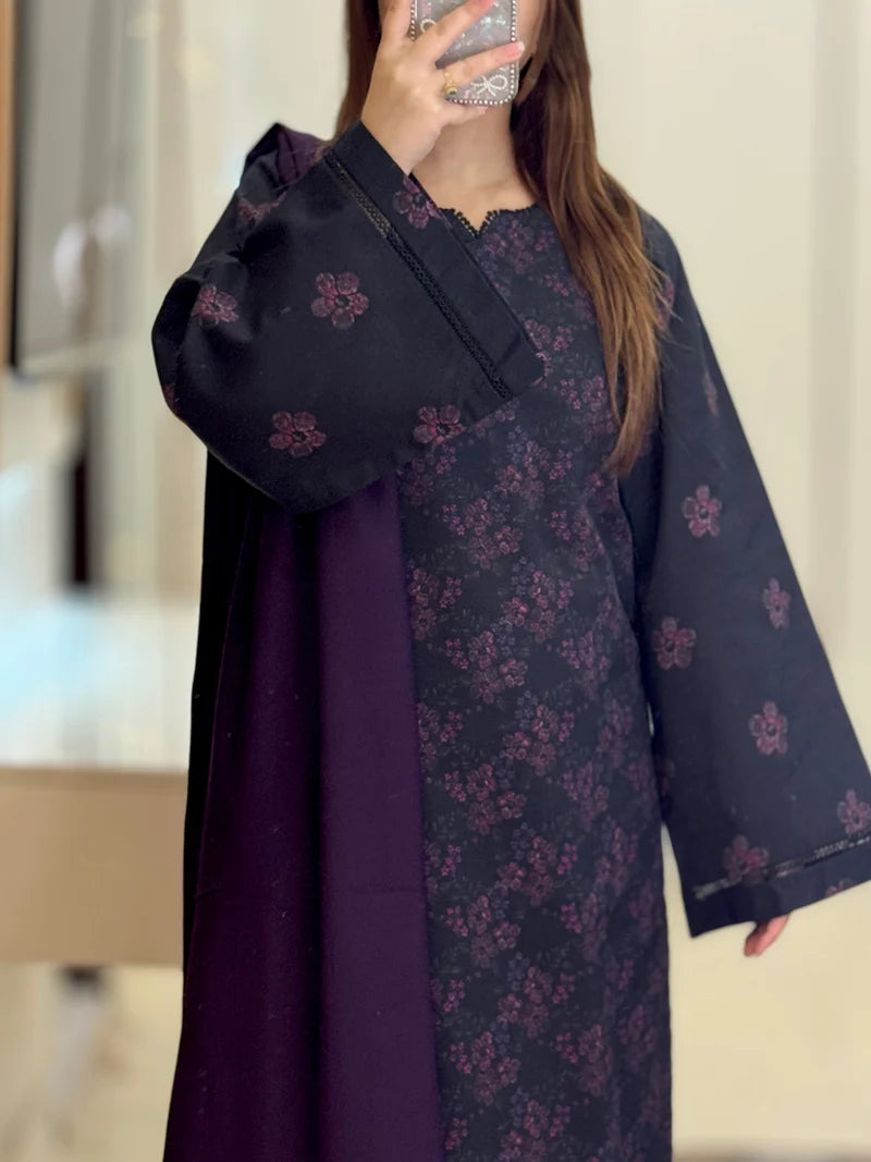 Winter Printed 3-Piece Suit – Elegant Dark Navy Floral Collection