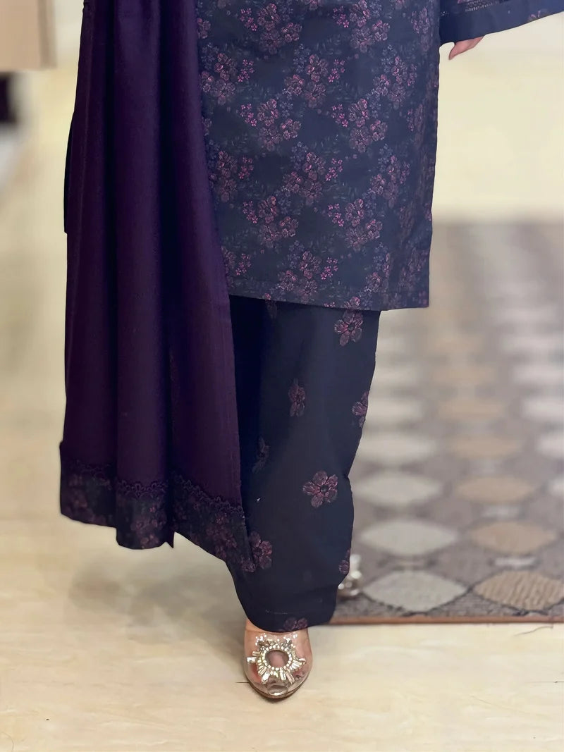 Winter Printed 3-Piece Suit – Elegant Dark Navy Floral Collection