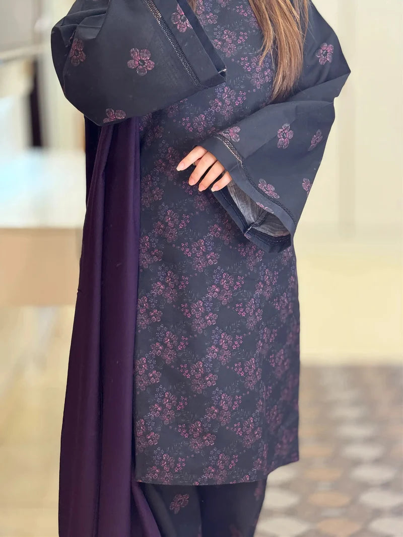 Winter Printed 3-Piece Suit – Elegant Dark Navy Floral Collection