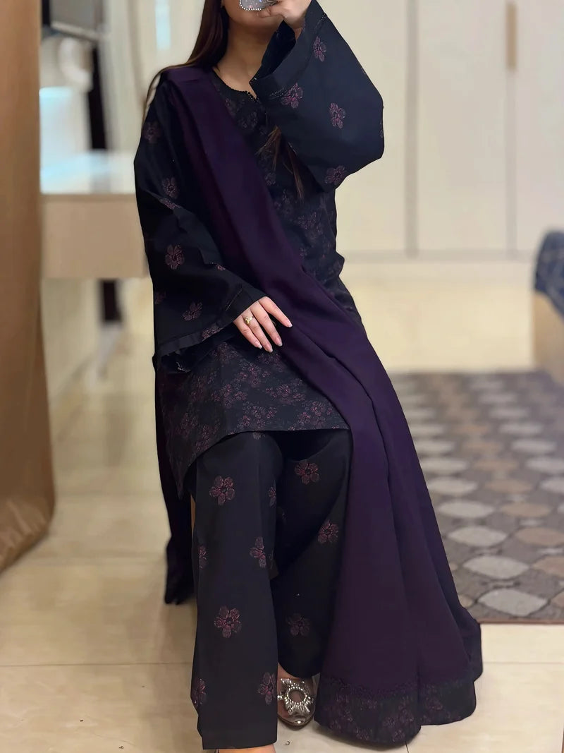 Winter Printed 3-Piece Suit – Elegant Dark Navy Floral Collection