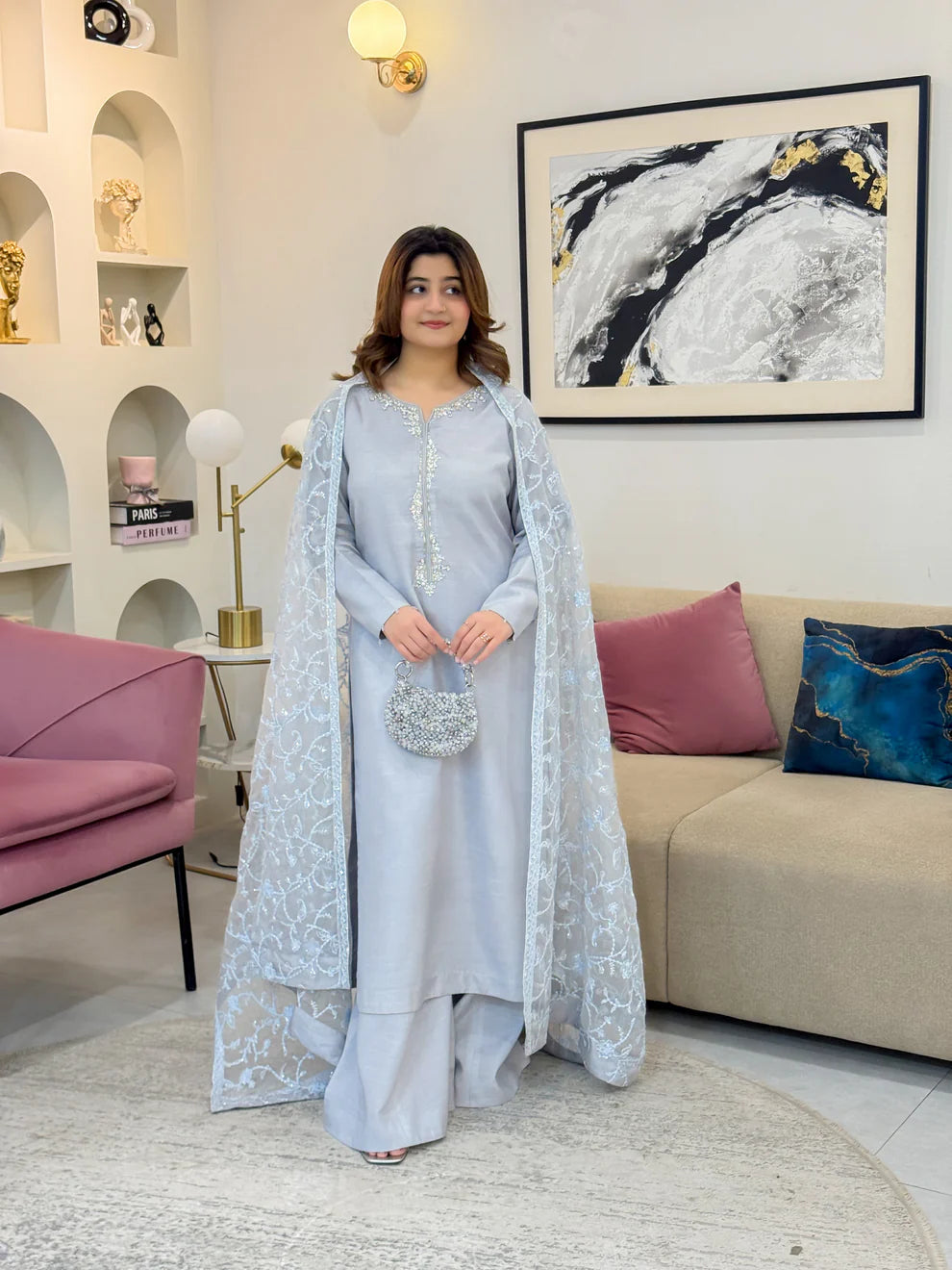 Soft Ice-Blue Winter Embroidered 3-Piece Suit