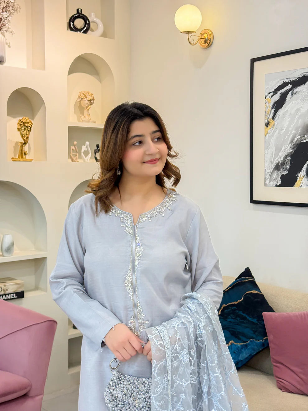 Soft Ice-Blue Winter Embroidered 3-Piece Suit