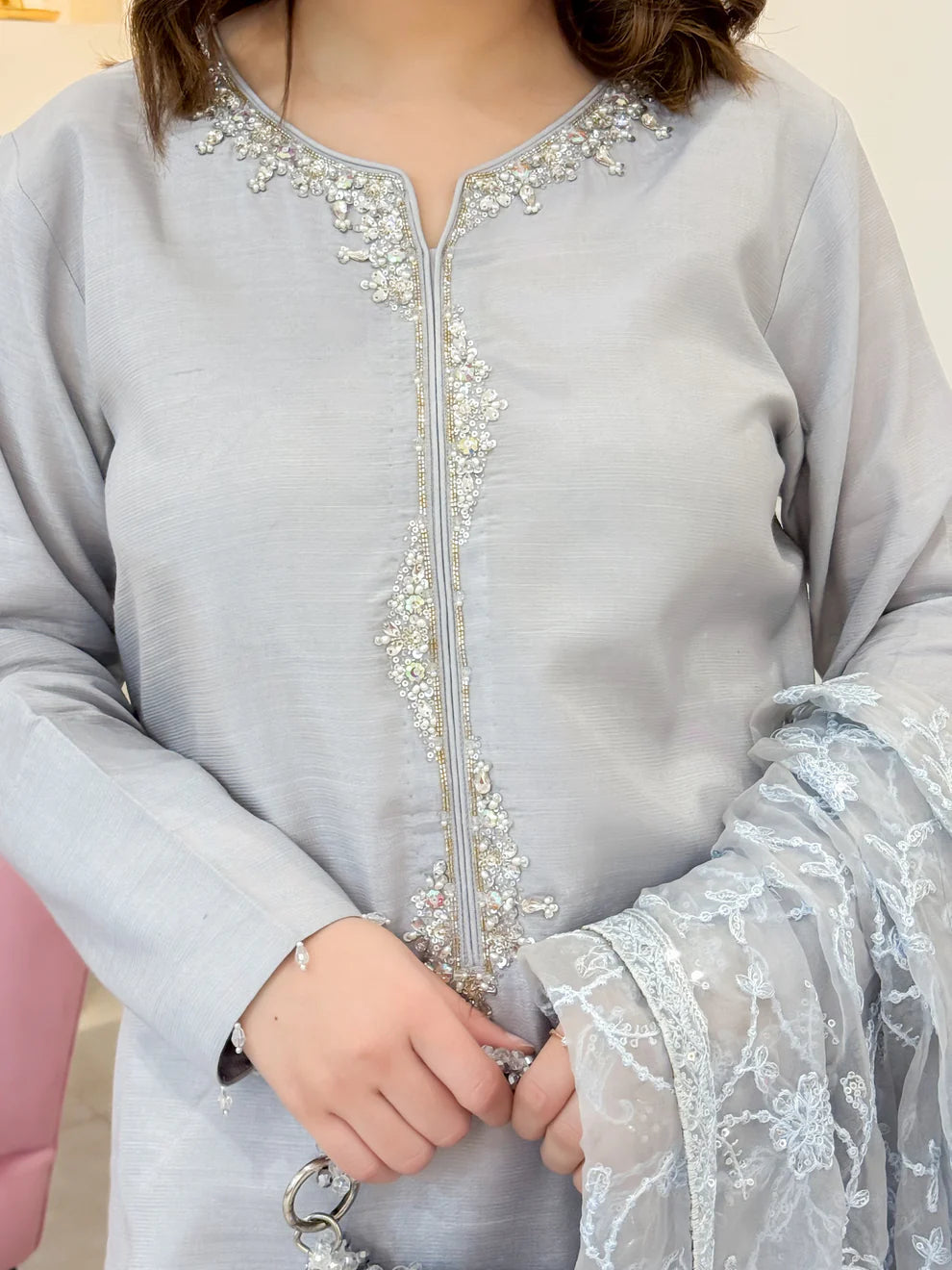 Soft Ice-Blue Winter Embroidered 3-Piece Suit