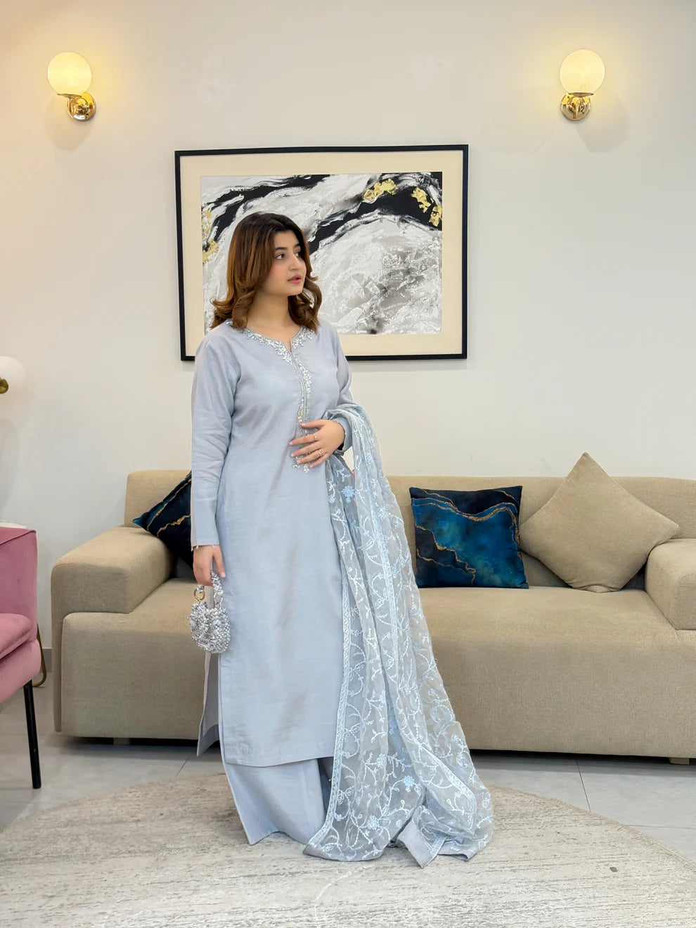 Soft Ice-Blue Winter Embroidered 3-Piece Suit