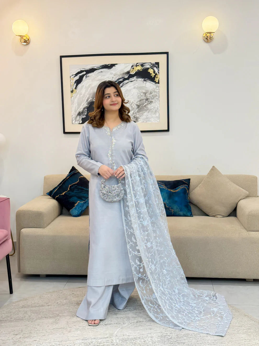 Soft Ice-Blue Winter Embroidered 3-Piece Suit