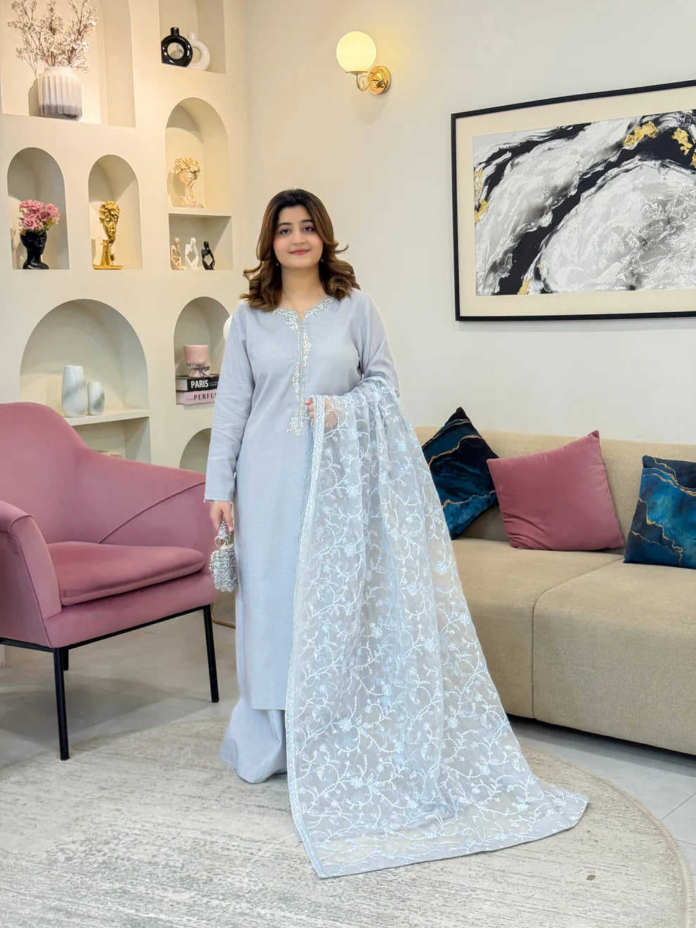 Soft Ice-Blue Winter Embroidered 3-Piece Suit