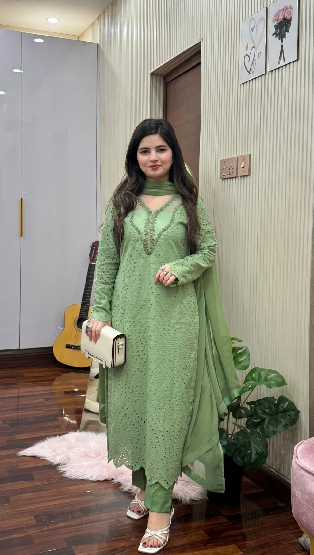 Winter Pastel Green Eyelet Embroidered 3-Piece Suit
