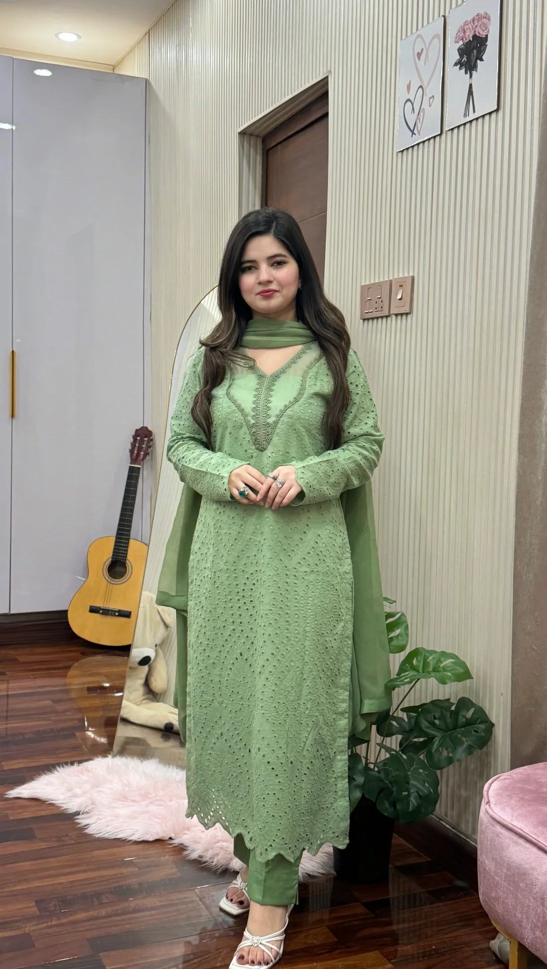 Winter Pastel Green Eyelet Embroidered 3-Piece Suit