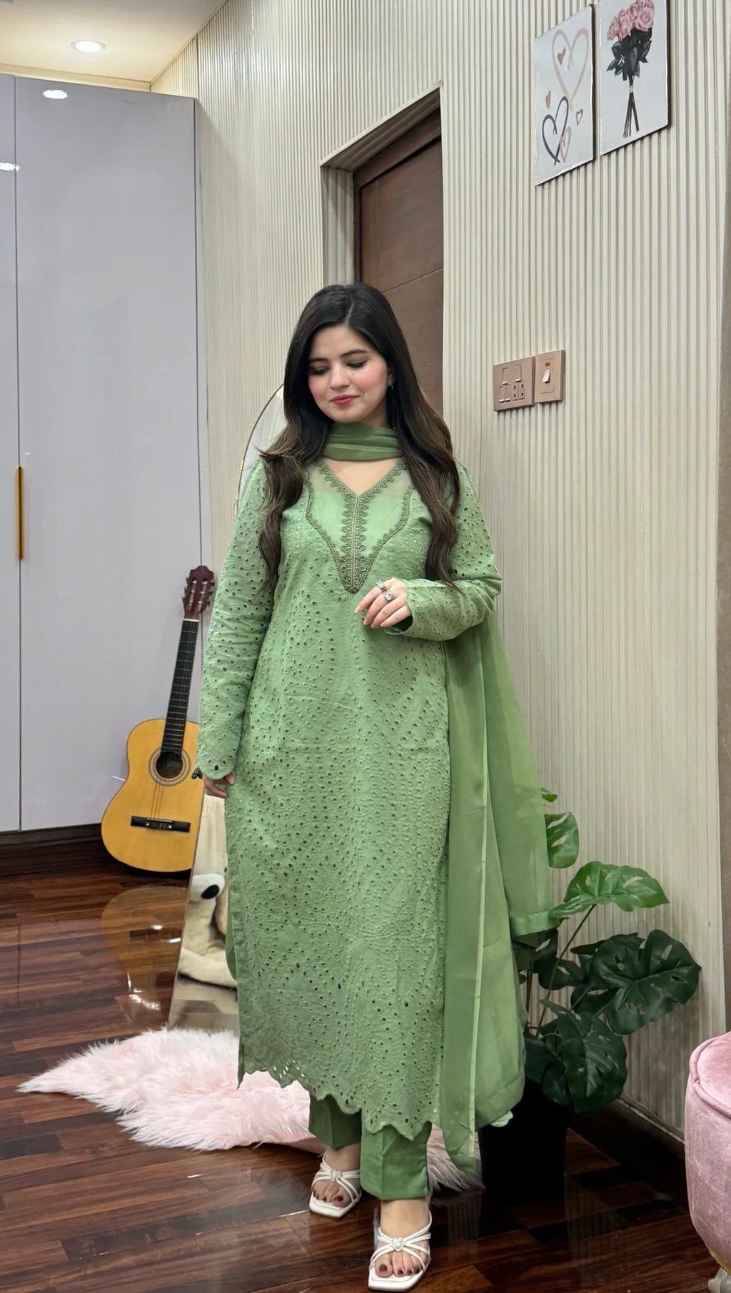 Winter Pastel Green Eyelet Embroidered 3-Piece Suit