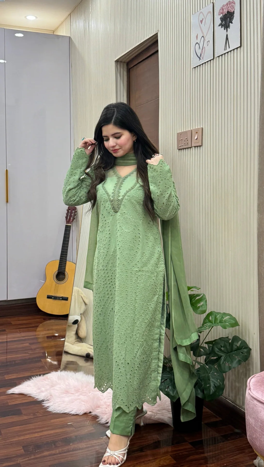 Winter Pastel Green Eyelet Embroidered 3-Piece Suit