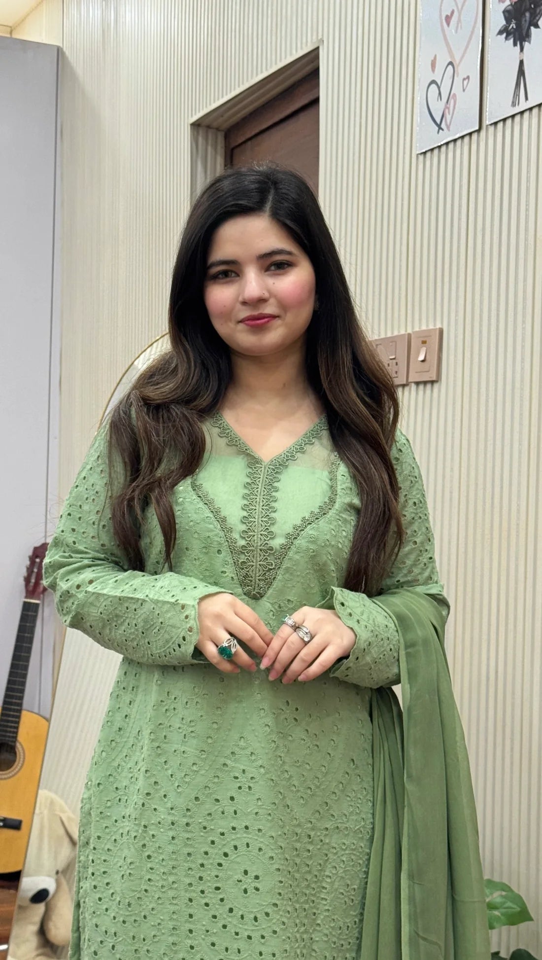 Winter Pastel Green Eyelet Embroidered 3-Piece Suit