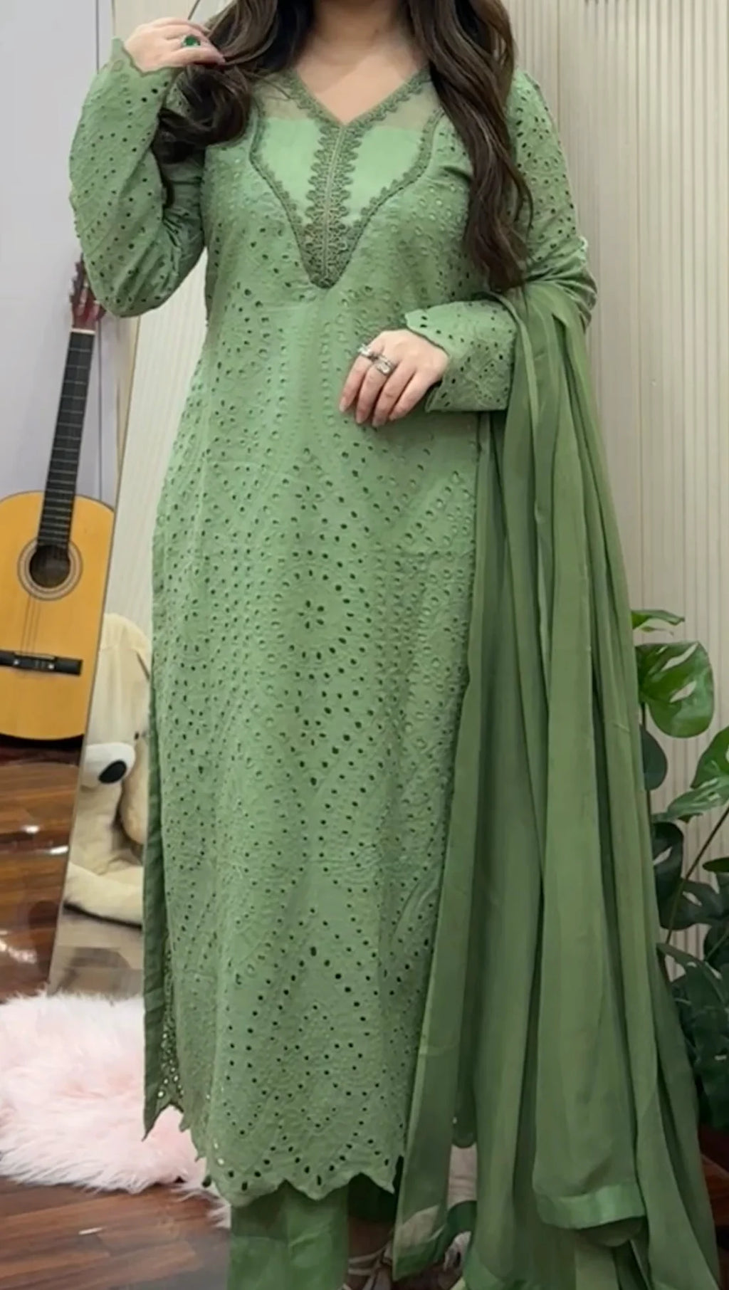 Winter Pastel Green Eyelet Embroidered 3-Piece Suit