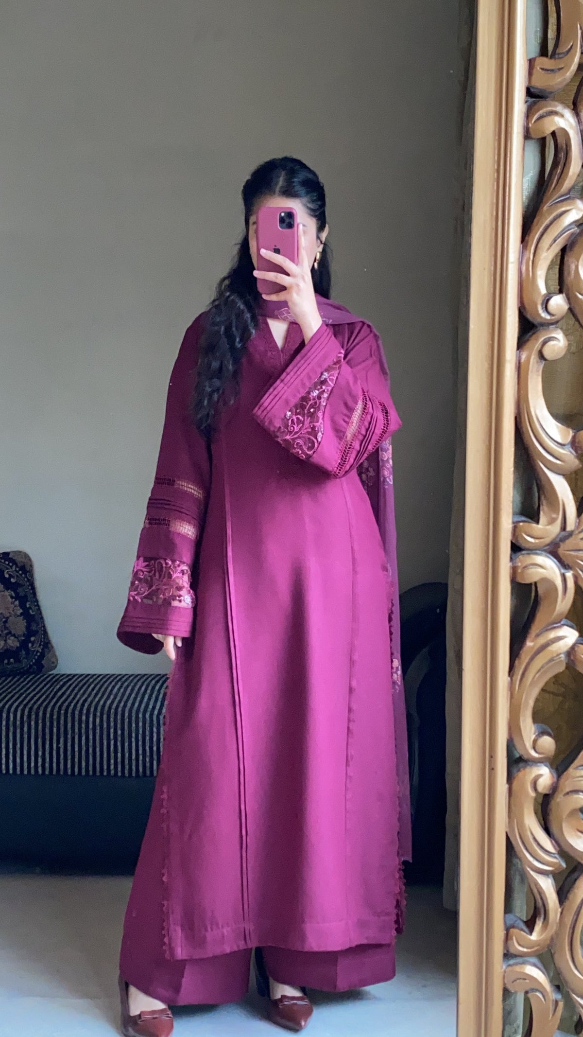 Royal Plum Embroidered 3-Piece Suit with Detailed Sleeves & Matching Dupatta