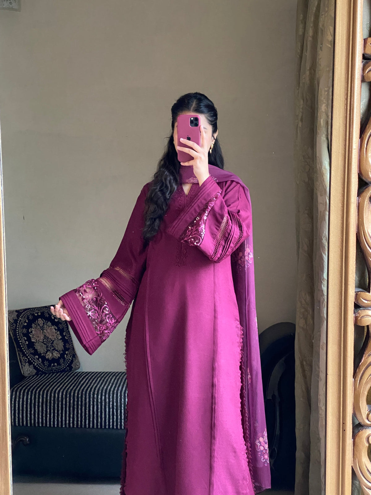 Royal Plum Embroidered 3-Piece Suit with Detailed Sleeves & Matching Dupatta