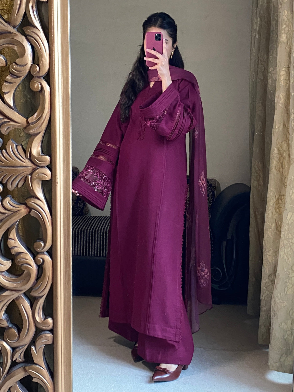 Royal Plum Embroidered 3-Piece Suit with Detailed Sleeves & Matching Dupatta