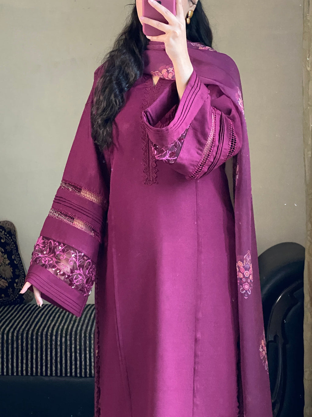 Royal Plum Embroidered 3-Piece Suit with Detailed Sleeves & Matching Dupatta
