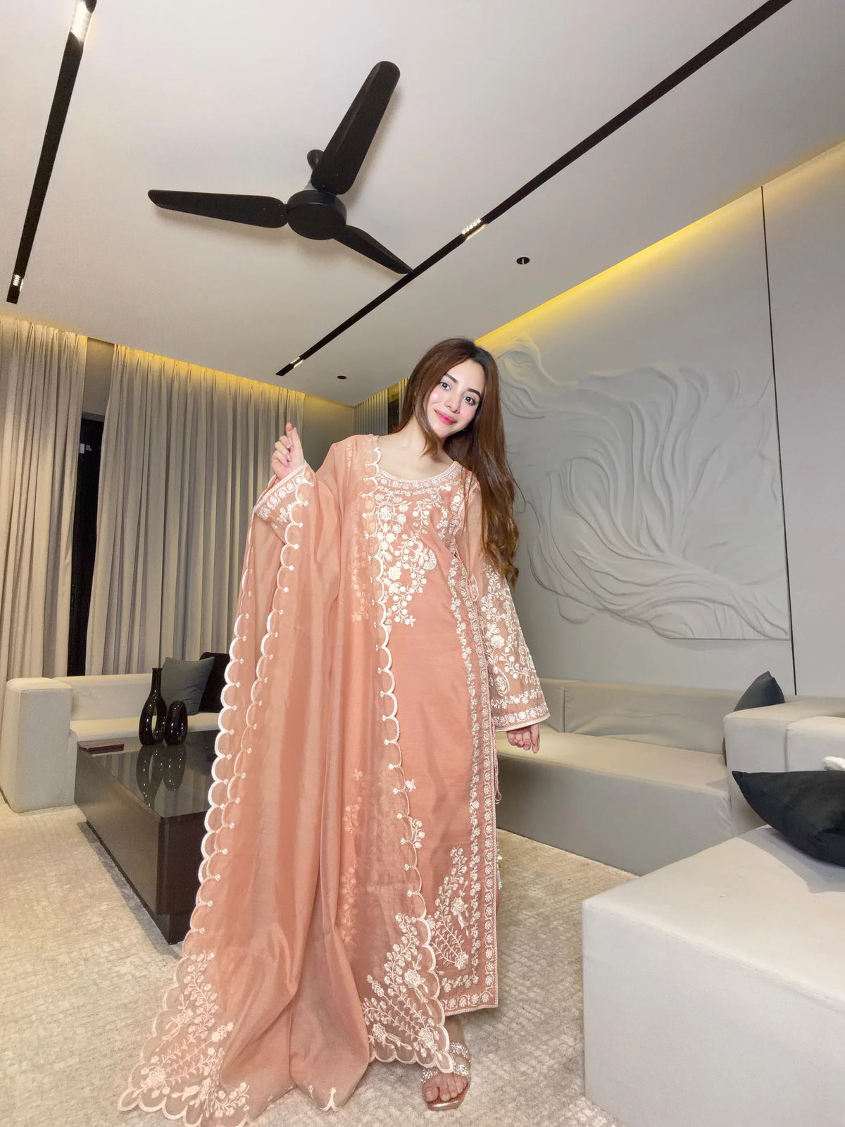 Embroidered Peach Lawn Suit with Elegant Floral Detailing