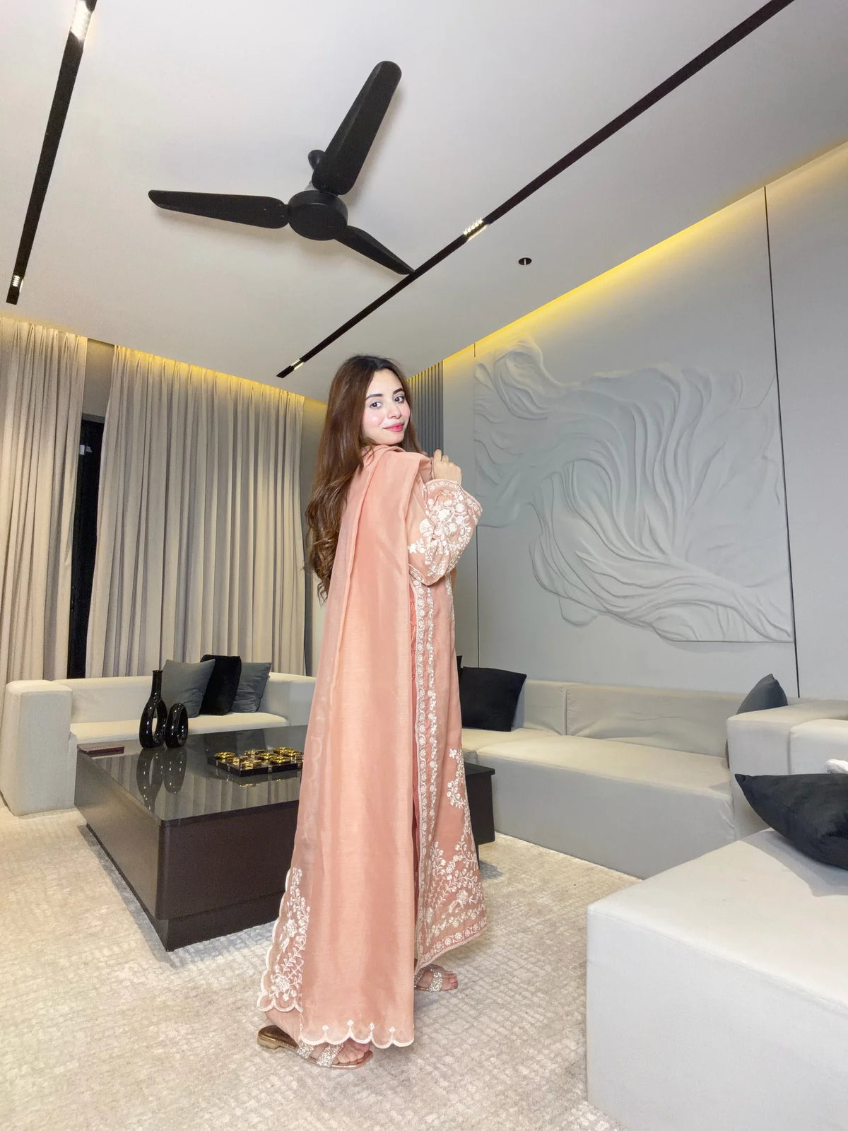 Embroidered Peach Lawn Suit with Elegant Floral Detailing