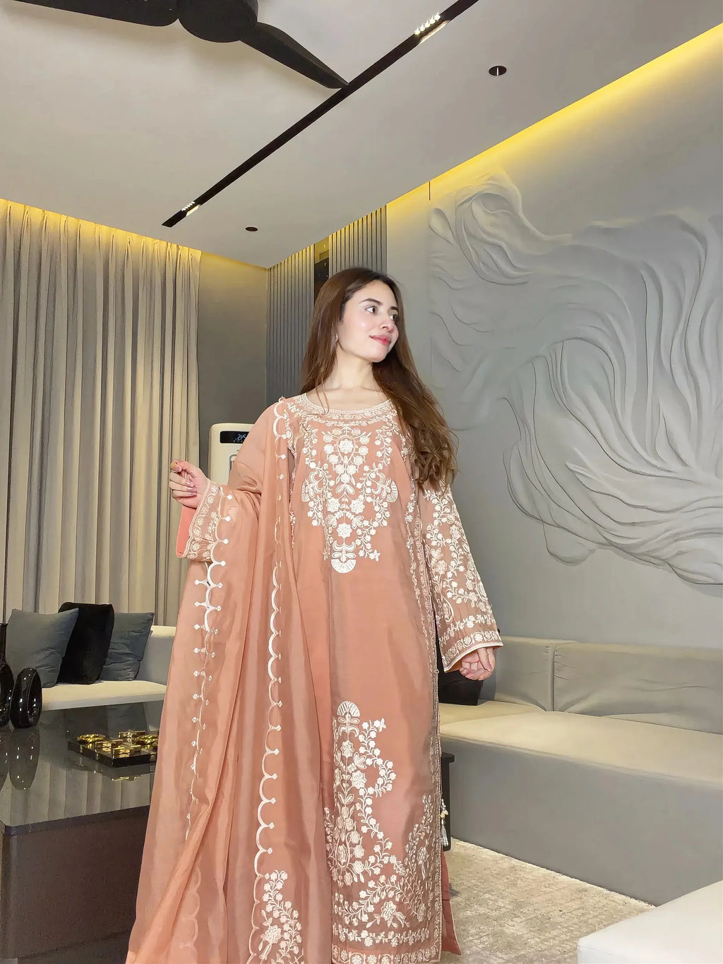 Embroidered Peach Lawn Suit with Elegant Floral Detailing