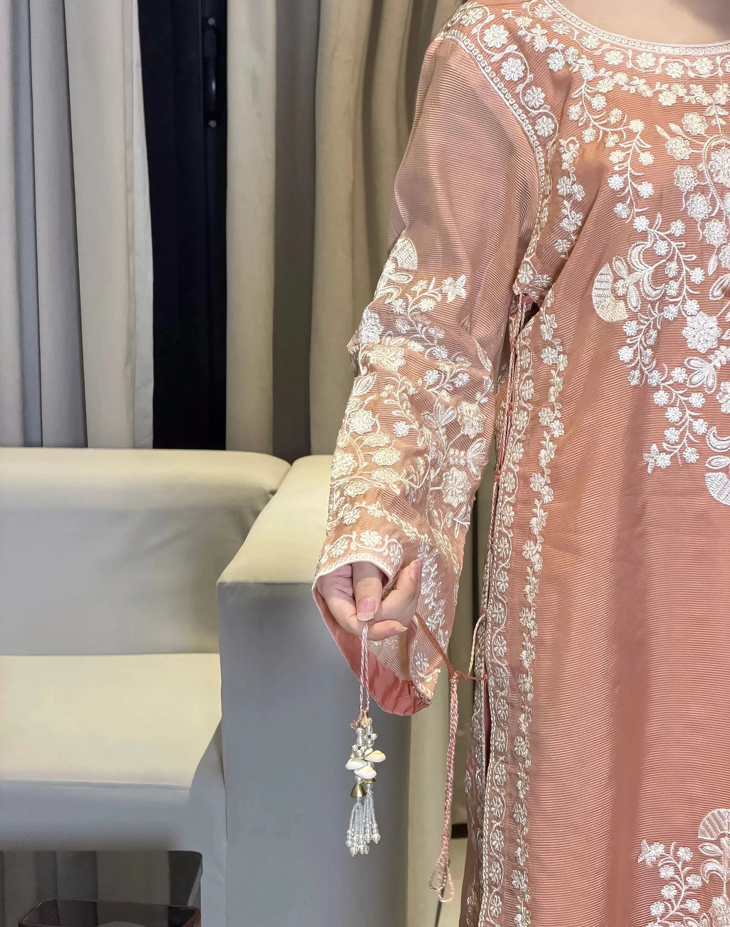 Embroidered Peach Lawn Suit with Elegant Floral Detailing