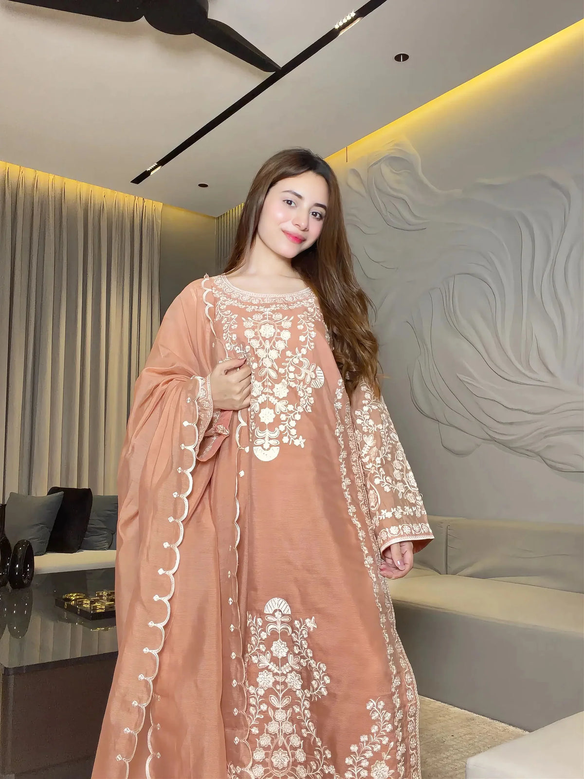 Embroidered Peach Lawn Suit with Elegant Floral Detailing