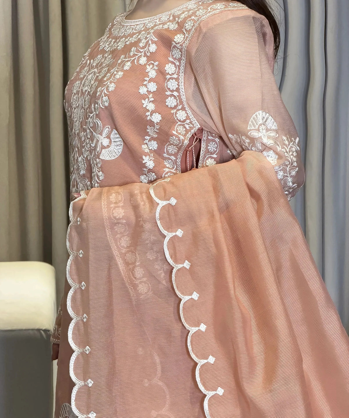 Embroidered Peach Lawn Suit with Elegant Floral Detailing