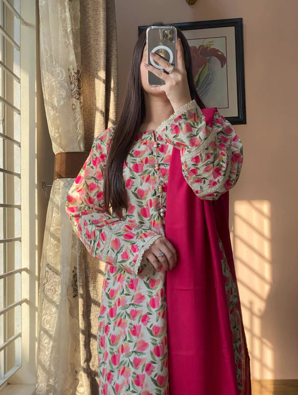 3Pc Khaddar Printed Peach Floral Dress